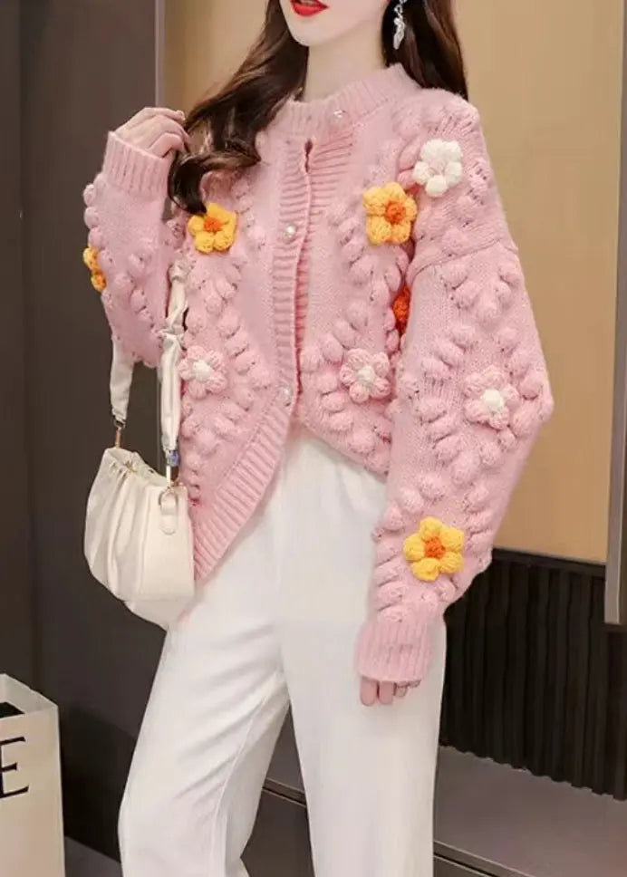 French Pink O Neck Floral Patchwork Knit Cardigan Fall Ada Fashion