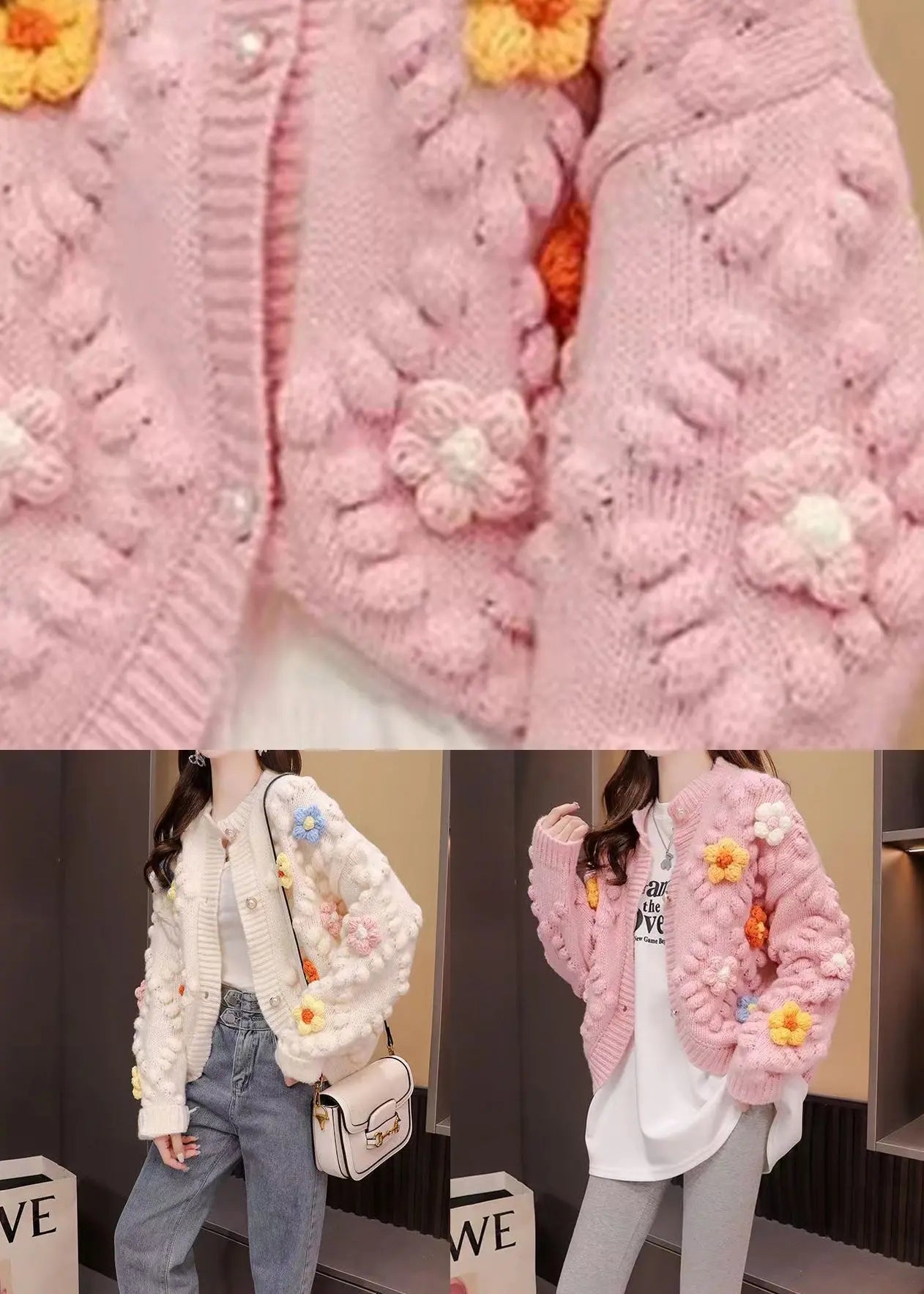 French Pink O Neck Floral Patchwork Knit Cardigan Fall Ada Fashion