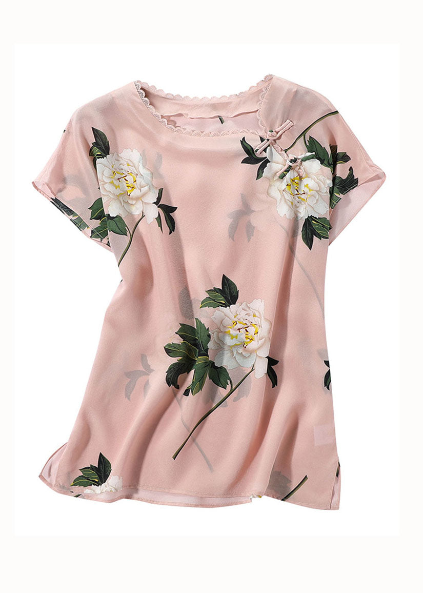 French Pink O Neck Floral Print Patchwork Oriental Button Silk Tops Summer LY0096 - fabuloryshop