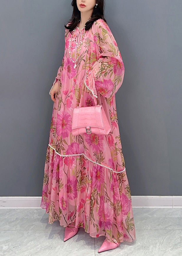 French Pink O-Neck Print Nail bead Holiday Chiffon Long Dress Summer LY4399 - fabuloryshop