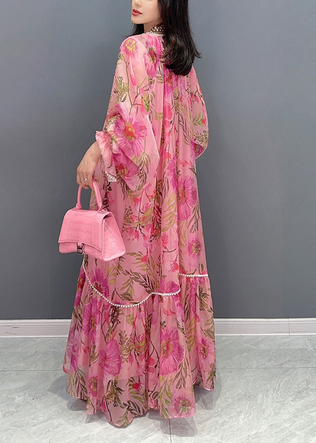 French Pink O-Neck Print Nail bead Holiday Chiffon Long Dress Summer LY4399 - fabuloryshop