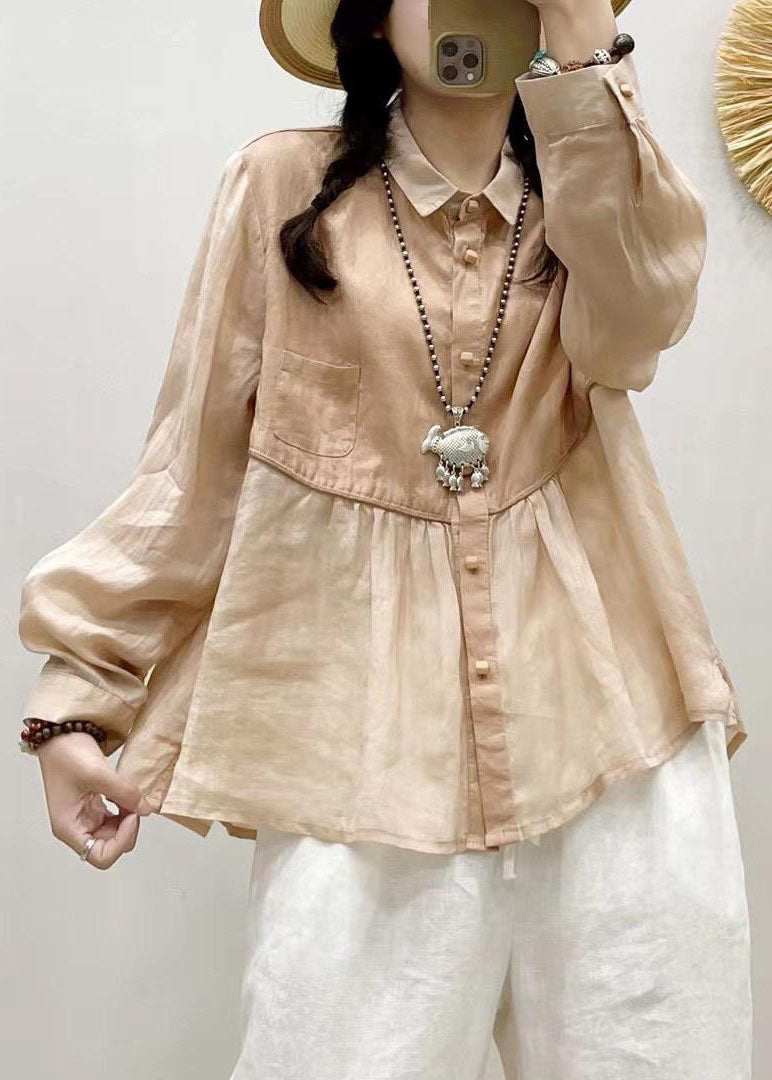 French Pink Peter Pan Collar Wrinkled Patchwork Linen Top Long Sleeve LY4120 - fabuloryshop