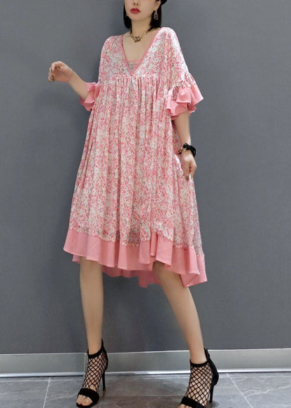 French Pink Print Exra Large Hem Chiffon Mid Dress Summer LY1657 - fabuloryshop