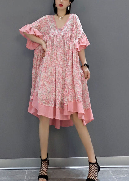 French Pink Print Exra Large Hem Chiffon Mid Dress Summer LY1657 - fabuloryshop