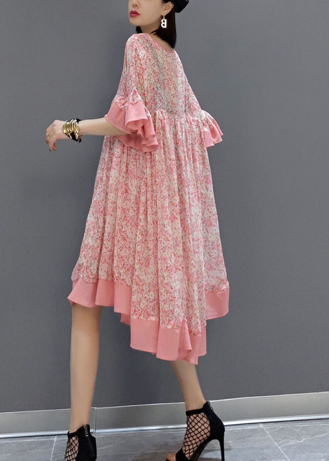 French Pink Print Exra Large Hem Chiffon Mid Dress Summer LY1657 - fabuloryshop