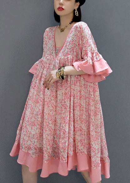 French Pink Print Exra Large Hem Chiffon Mid Dress Summer LY1657 - fabuloryshop