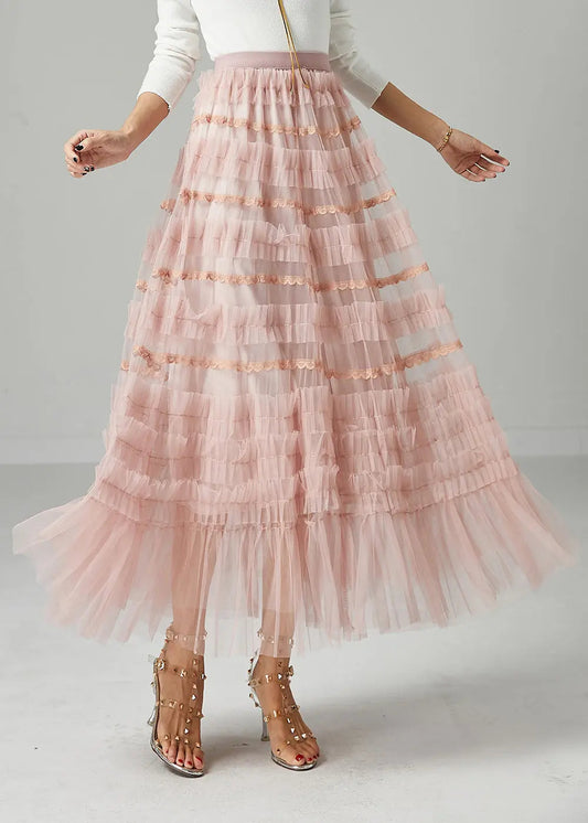 French Pink Ruffled Exra Large Hem Tulle Skirt Fall Ada Fashion