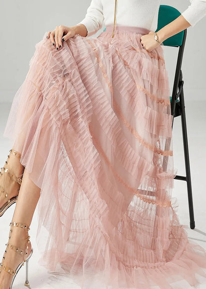 French Pink Ruffled Exra Large Hem Tulle Skirt Fall Ada Fashion