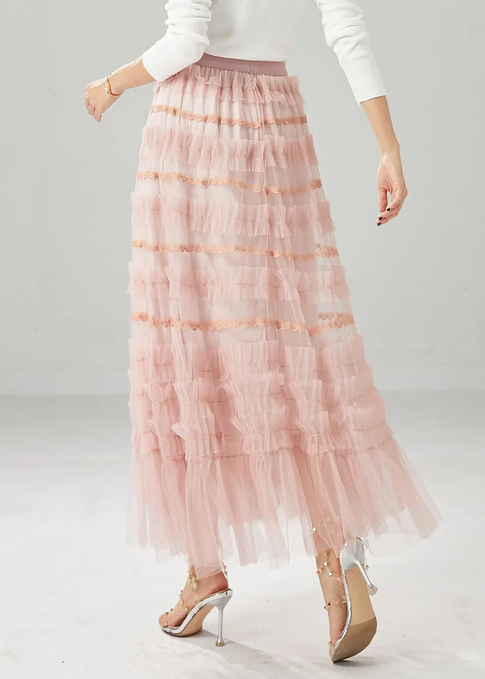 French Pink Ruffled Exra Large Hem Tulle Skirt Fall Ada Fashion