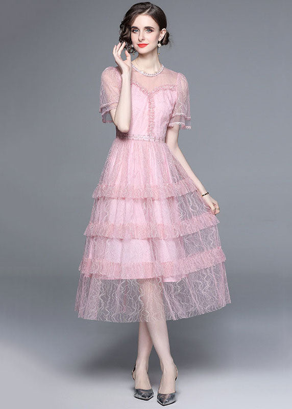 French Pink Ruffled Nail Bead Patchwork Tulle Long Dresses Summer LY7398 - fabuloryshop