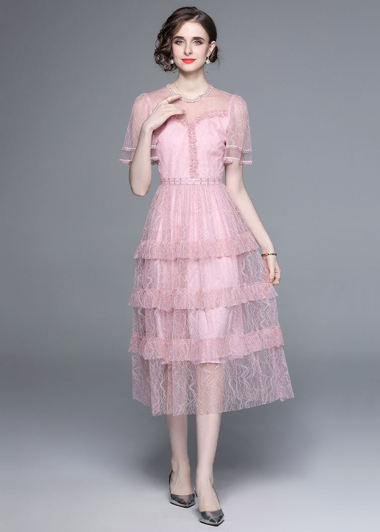 French Pink Ruffled Nail Bead Patchwork Tulle Long Dresses Summer LY7398 - fabuloryshop