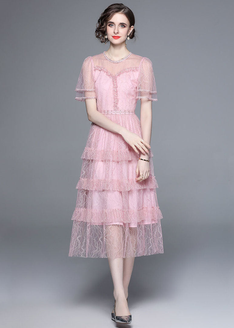 French Pink Ruffled Nail Bead Patchwork Tulle Long Dresses Summer LY7398 - fabuloryshop