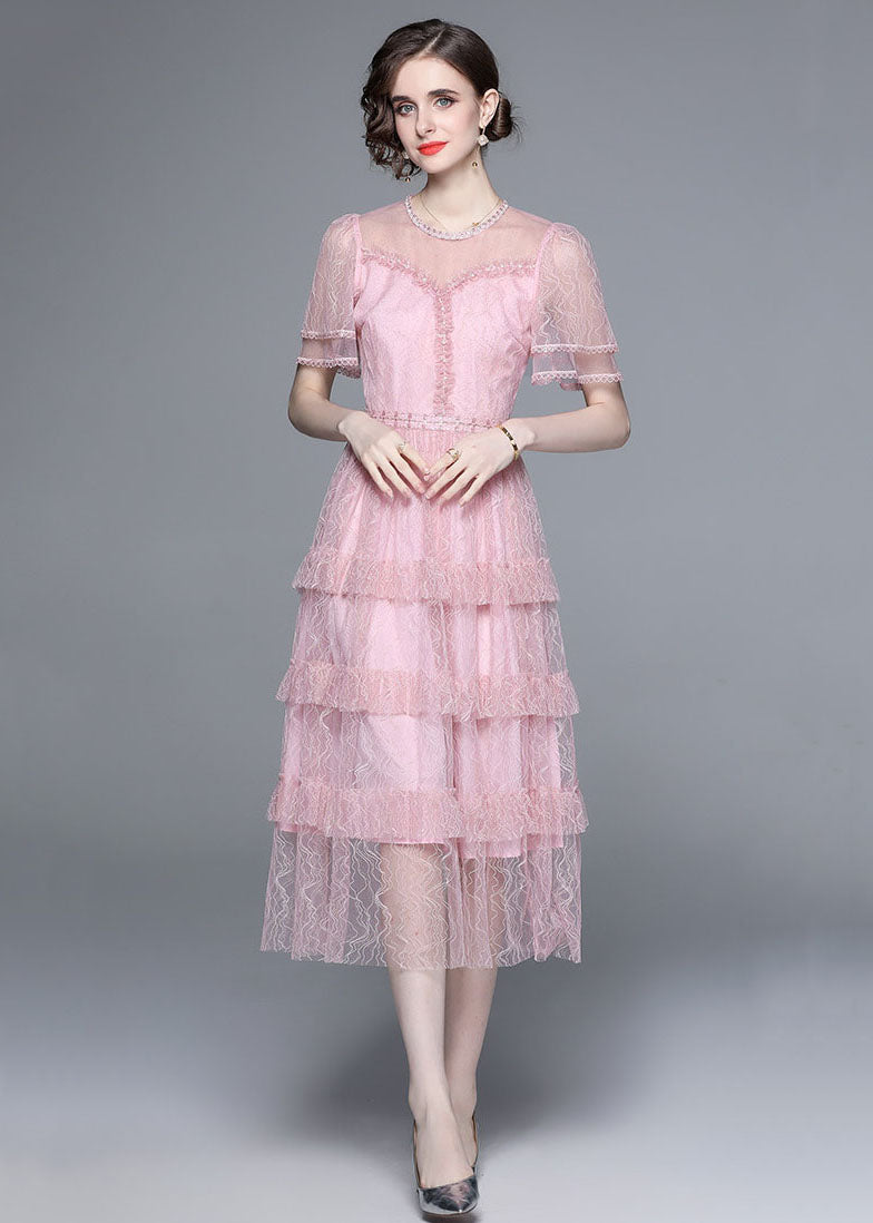 French Pink Ruffled Nail Bead Patchwork Tulle Long Dresses Summer LY7398 - fabuloryshop