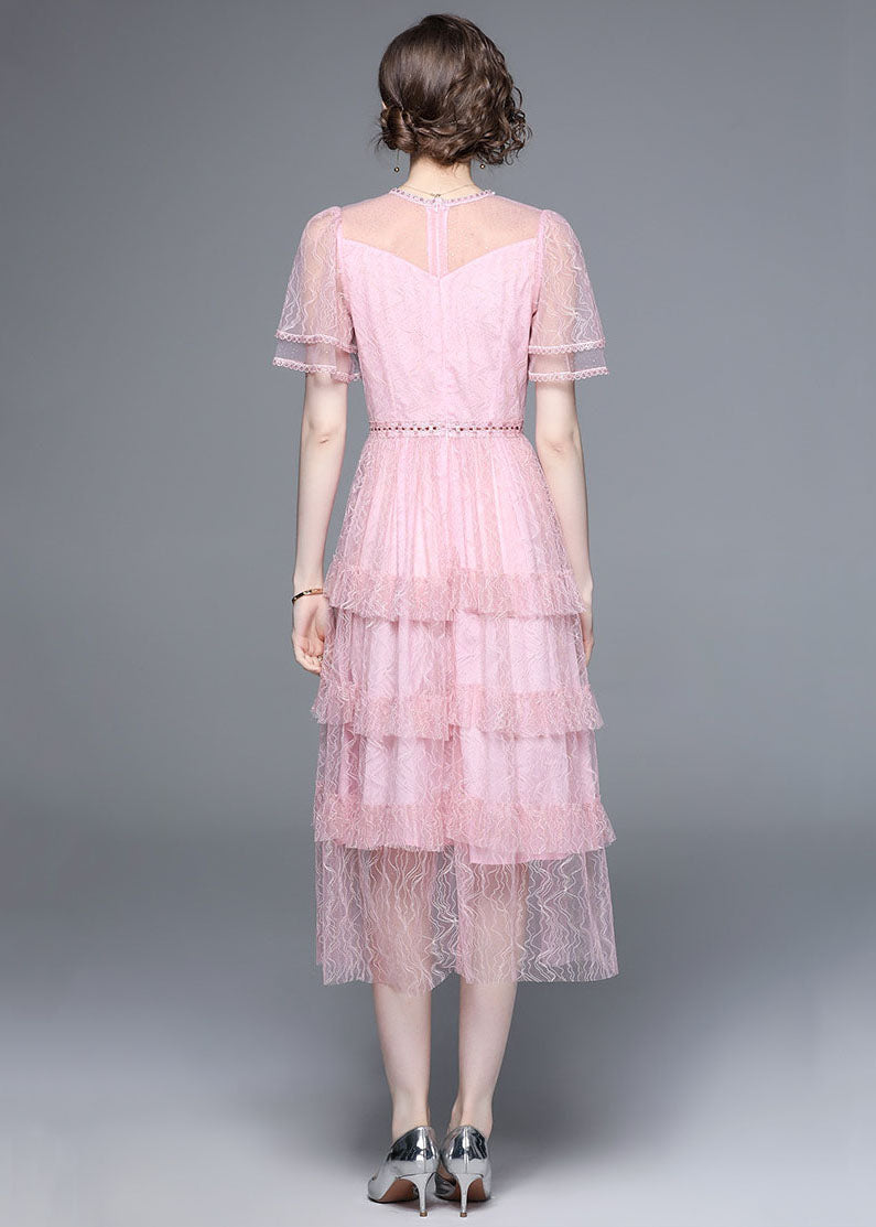 French Pink Ruffled Nail Bead Patchwork Tulle Long Dresses Summer LY7398 - fabuloryshop