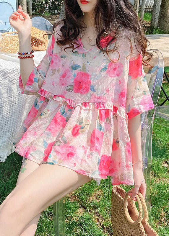 French Pink Ruffled Print Patchwork Cotton Blouses Summer LY2905
