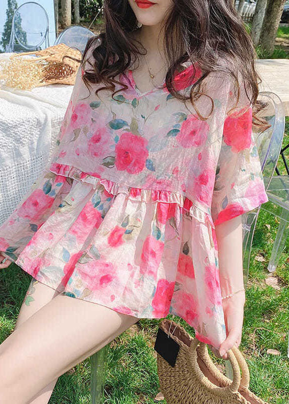 French Pink Ruffled Print Patchwork Cotton Blouses Summer LY2905