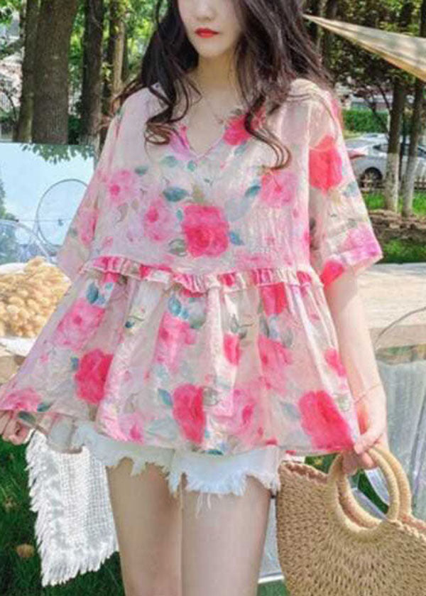 French Pink Ruffled Print Patchwork Cotton Blouses Summer LY2905 - fabuloryshop