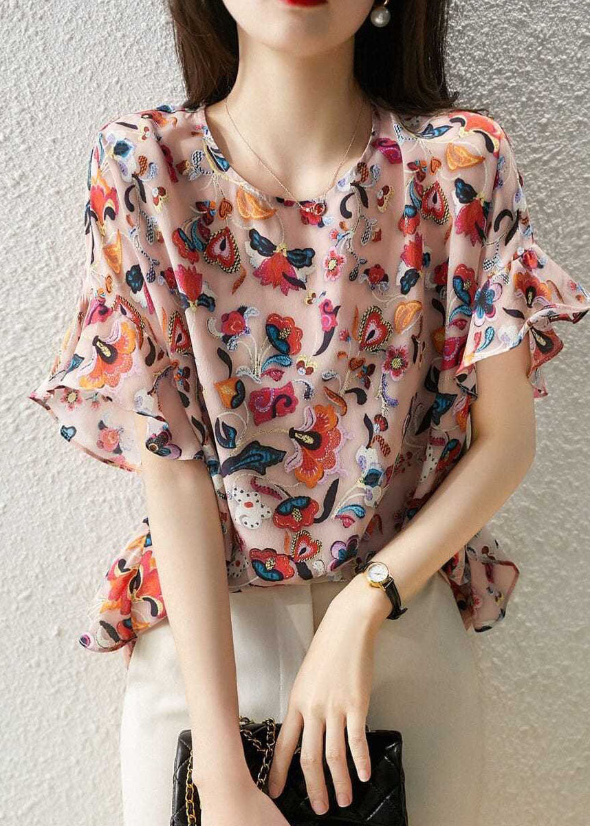 French Pink Ruffled Print Patchwork Silk Top Summer LY0068 - fabuloryshop