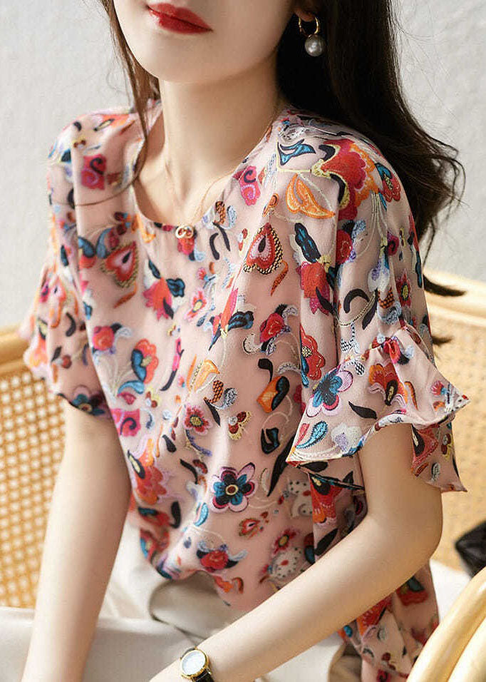 French Pink Ruffled Print Patchwork Silk Top Summer LY0068 - fabuloryshop