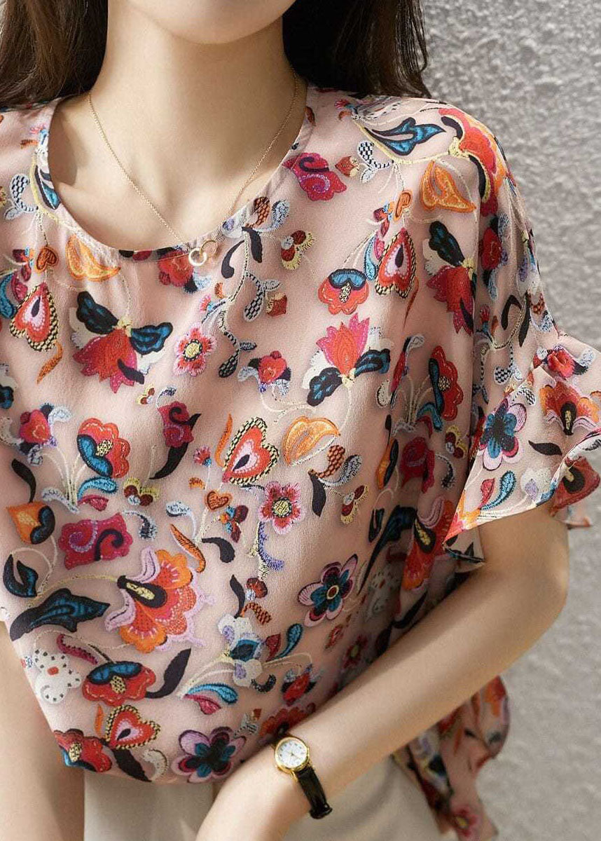 French Pink Ruffled Print Patchwork Silk Top Summer LY0068 - fabuloryshop