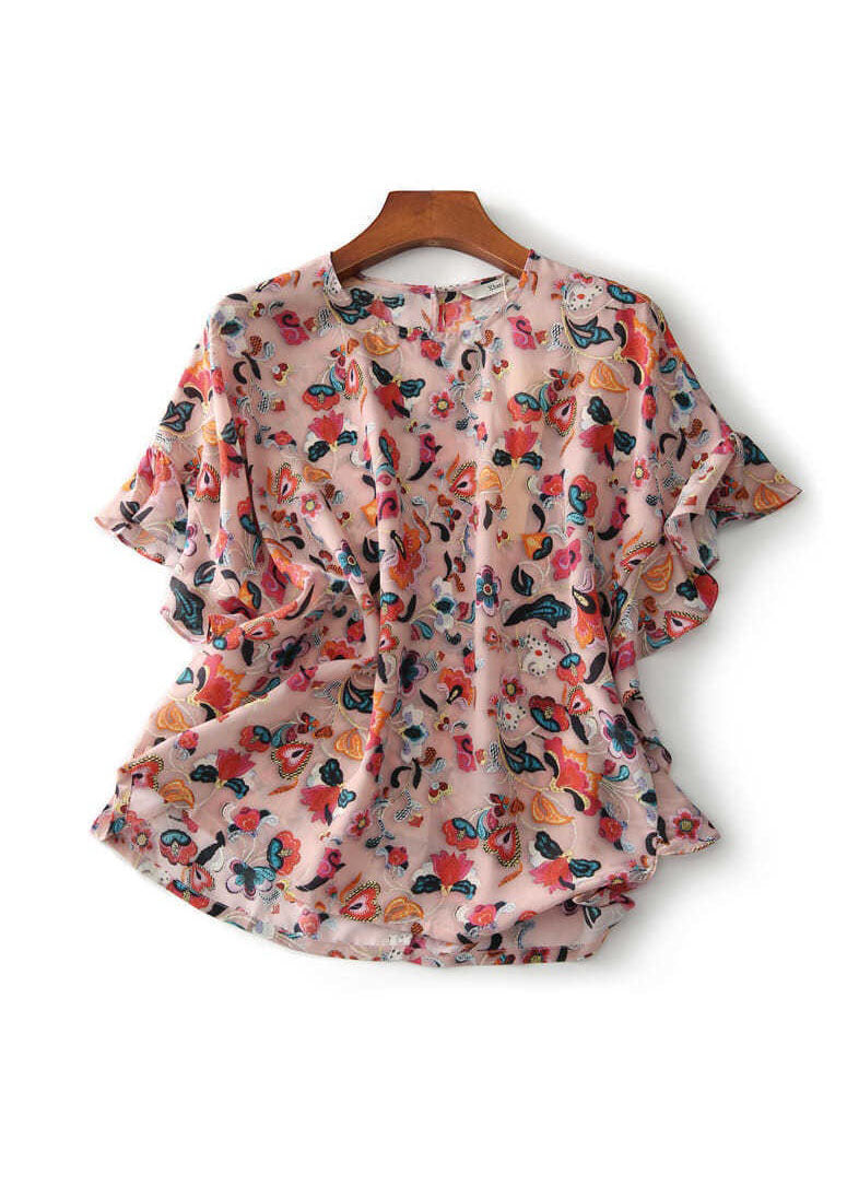 French Pink Ruffled Print Patchwork Silk Top Summer LY0068 - fabuloryshop