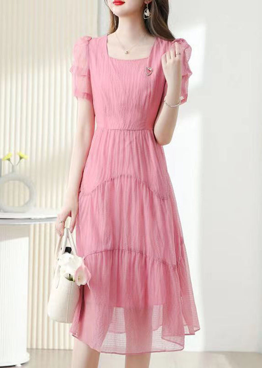 French Pink Square Collar Tie Waist Cotton Dress Short Sleeve Ada Fashion