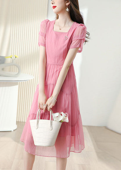 French Pink Square Collar Tie Waist Cotton Dress Short Sleeve Ada Fashion