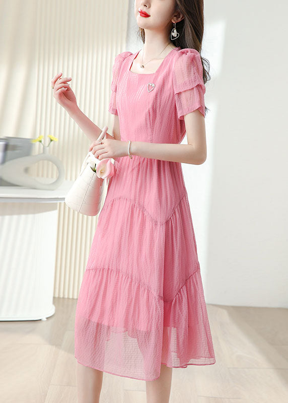 French Pink Square Collar Tie Waist Cotton Dress Short Sleeve Ada Fashion