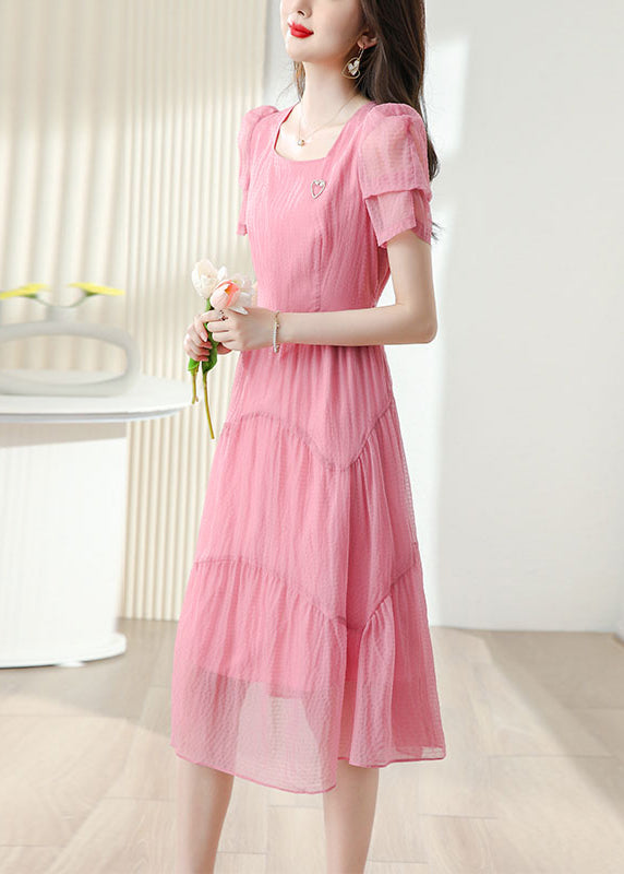 French Pink Square Collar Tie Waist Cotton Dress Short Sleeve Ada Fashion