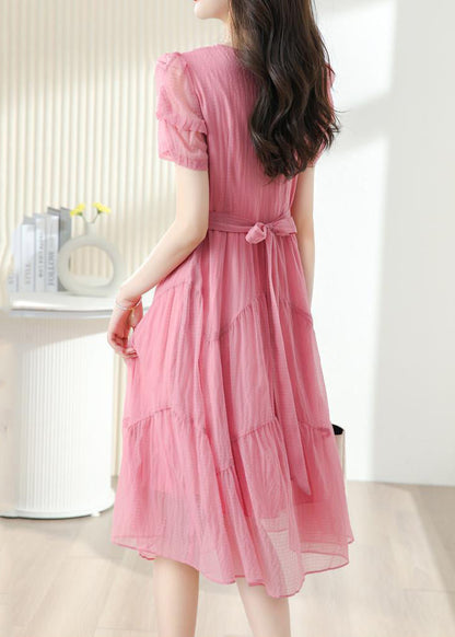 French Pink Square Collar Tie Waist Cotton Dress Short Sleeve Ada Fashion