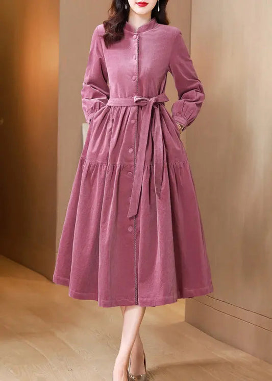 French Pink Stand Collar Tie Waist Patchwork Corduroy Dresses Fall Ada Fashion