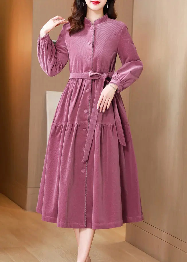 French Pink Stand Collar Tie Waist Patchwork Corduroy Dresses Fall Ada Fashion