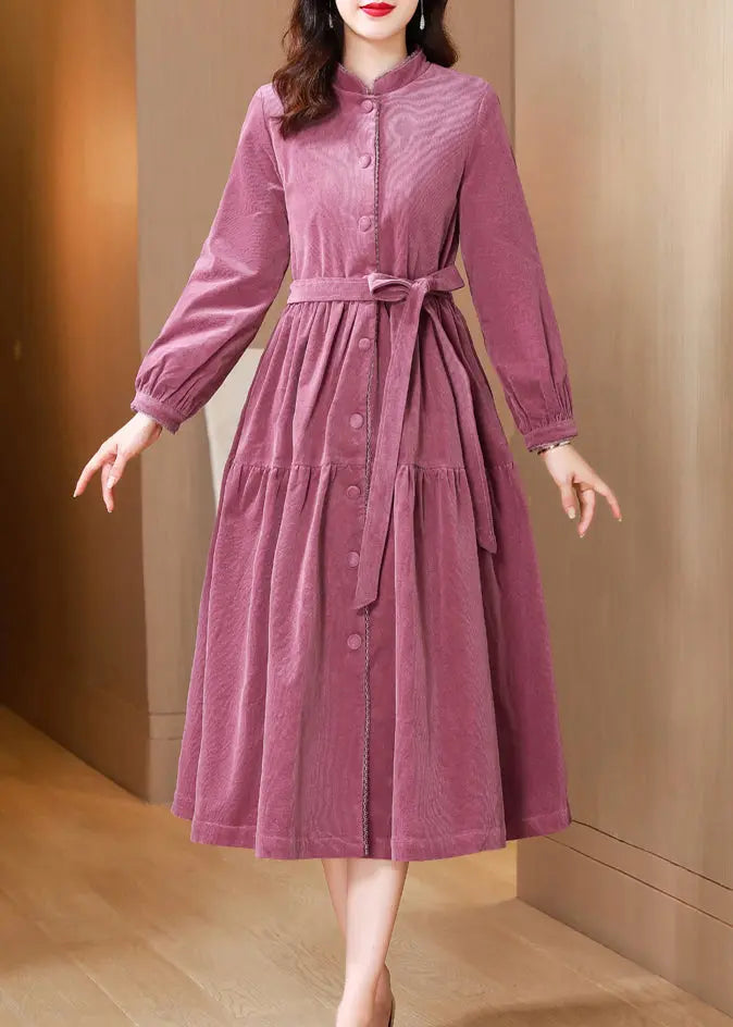 French Pink Stand Collar Tie Waist Patchwork Corduroy Dresses Fall Ada Fashion