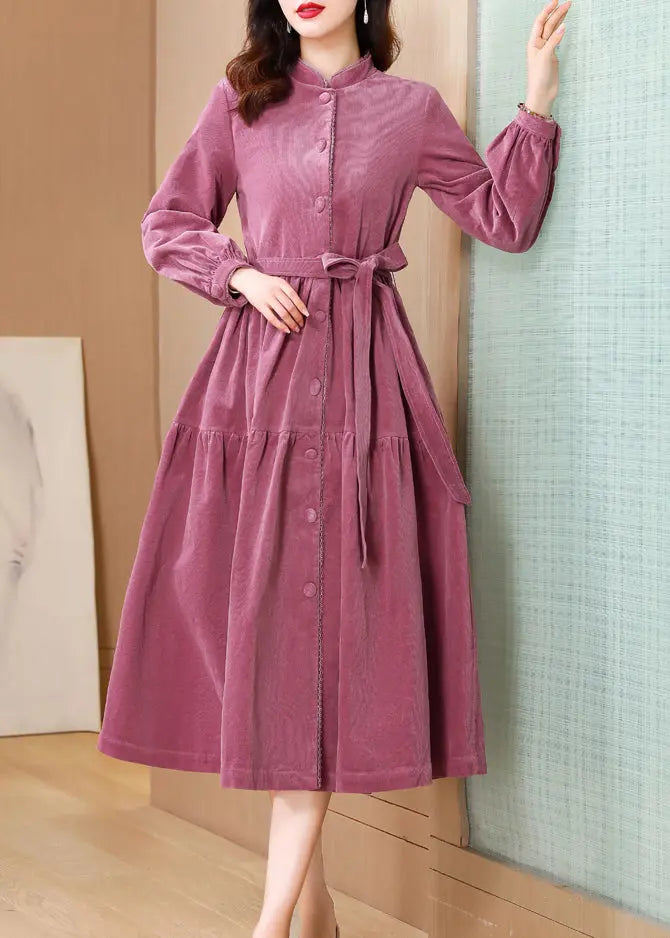 French Pink Stand Collar Tie Waist Patchwork Corduroy Dresses Fall Ada Fashion