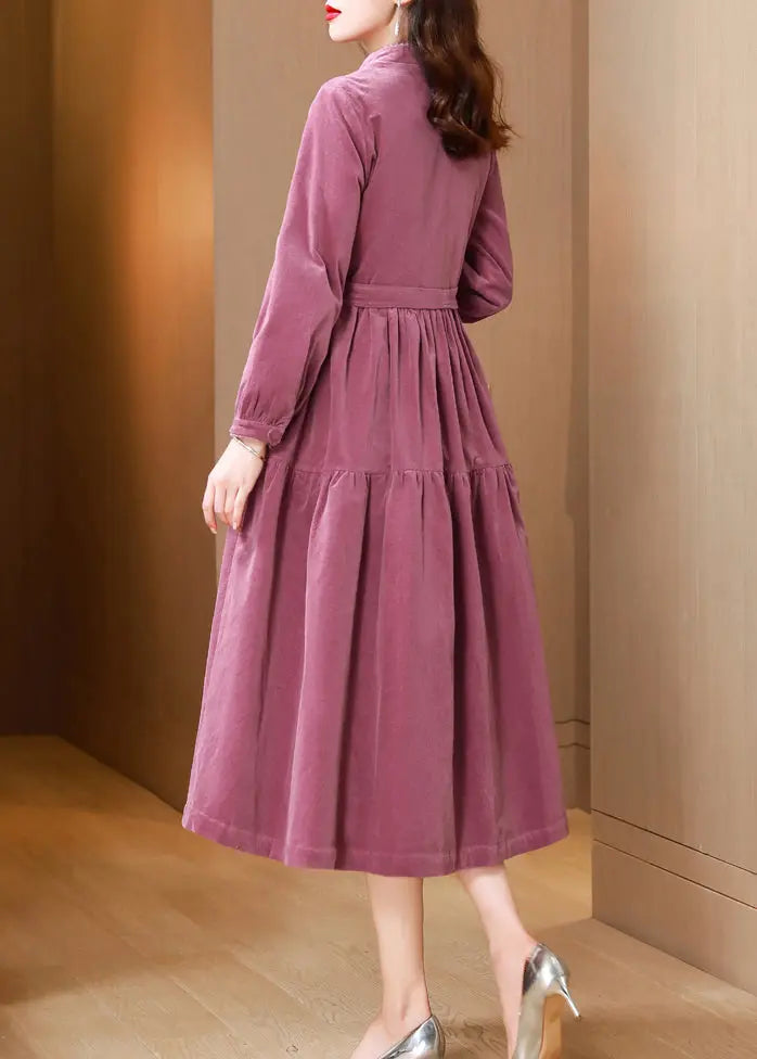 French Pink Stand Collar Tie Waist Patchwork Corduroy Dresses Fall Ada Fashion