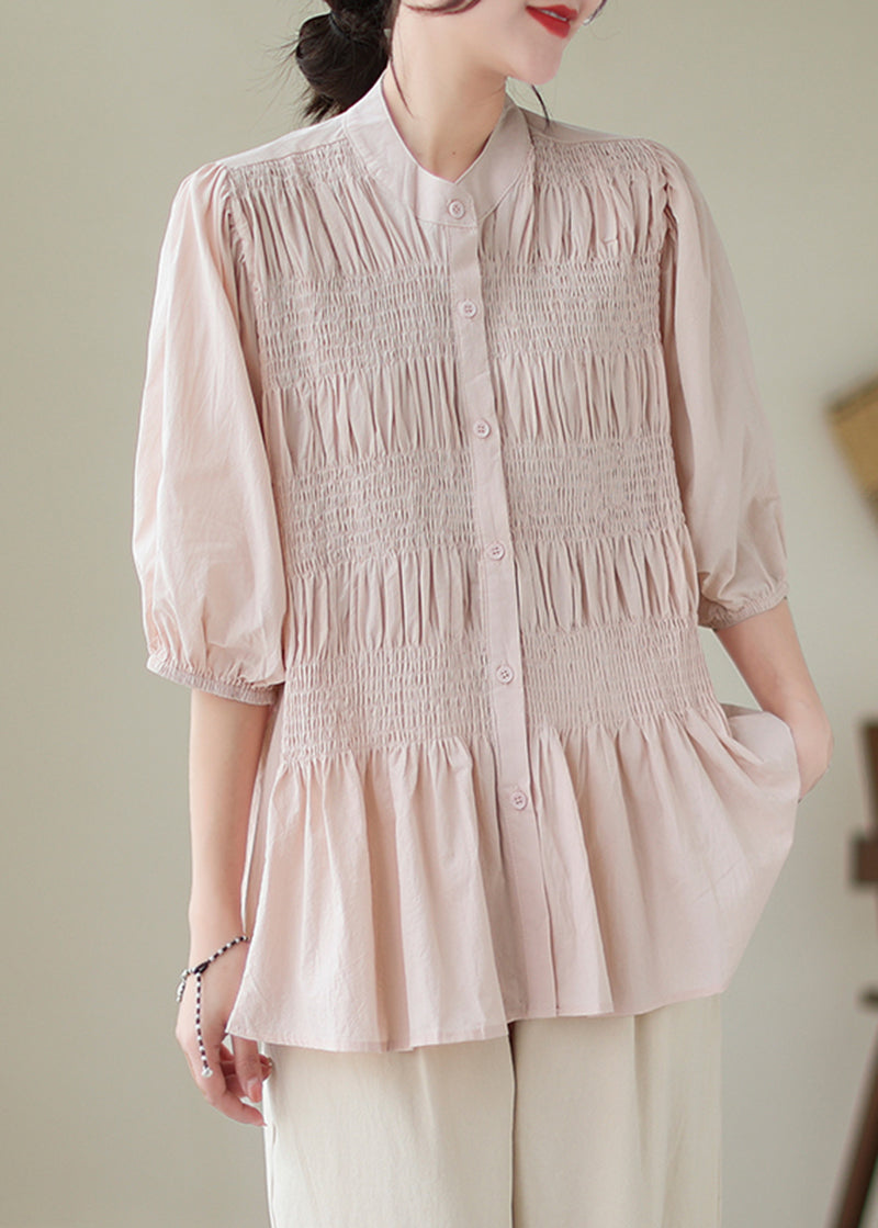 French Pink Stand Collar Wrinkled Cotton Shirt Top Half Sleeve LY5351 - fabuloryshop