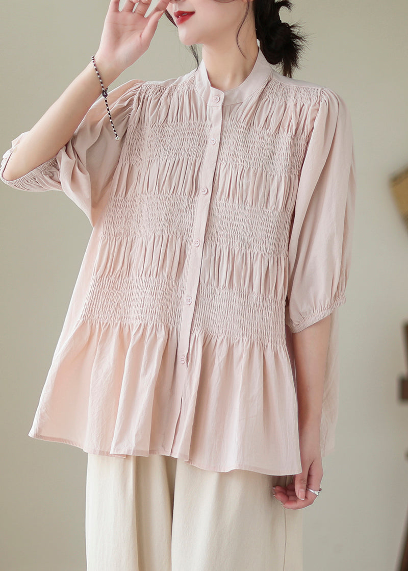 French Pink Stand Collar Wrinkled Cotton Shirt Top Half Sleeve LY5351 - fabuloryshop