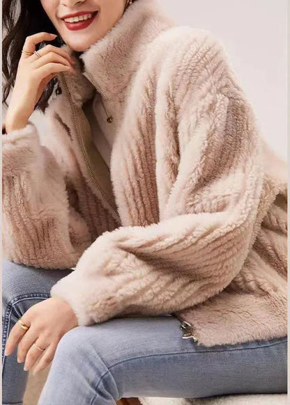 French Pink Stand Collar Zip Up Patchwork Faux Fur Coats Fall Ada Fashion