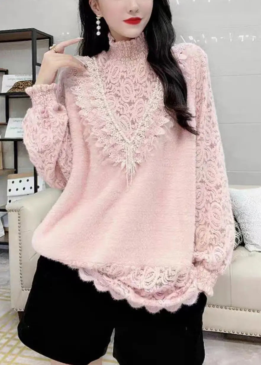 French Pink Turtleneck Nail Bead Lace Warm Fleece Top Winter Ada Fashion