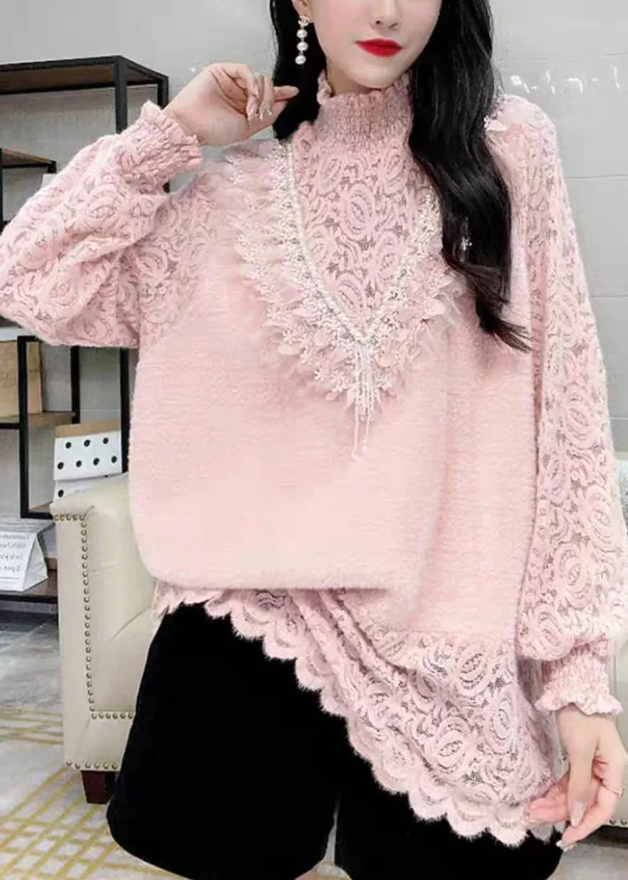 French Pink Turtleneck Nail Bead Lace Warm Fleece Top Winter Ada Fashion