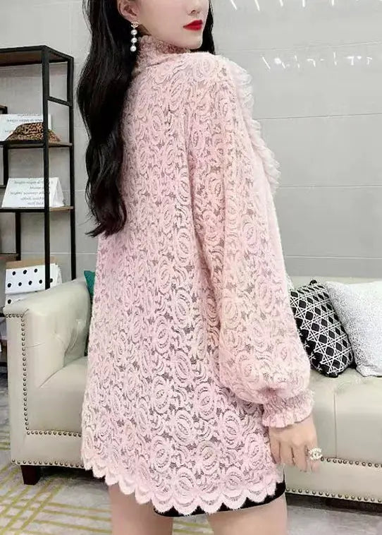 French Pink Turtleneck Nail Bead Lace Warm Fleece Top Winter Ada Fashion