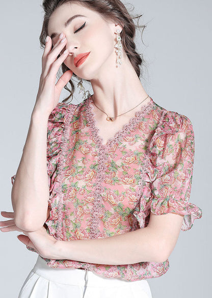 French Pink V Neck Lace Patchwork Print Silk Blouse Top Summer LY0140 - fabuloryshop