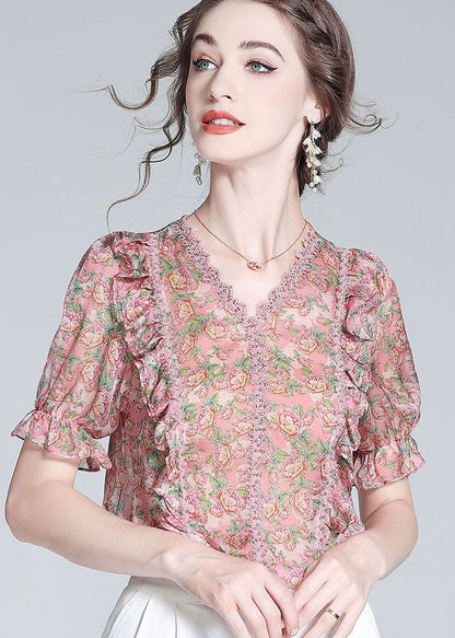 French Pink V Neck Lace Patchwork Print Silk Blouse Top Summer LY0140 - fabuloryshop