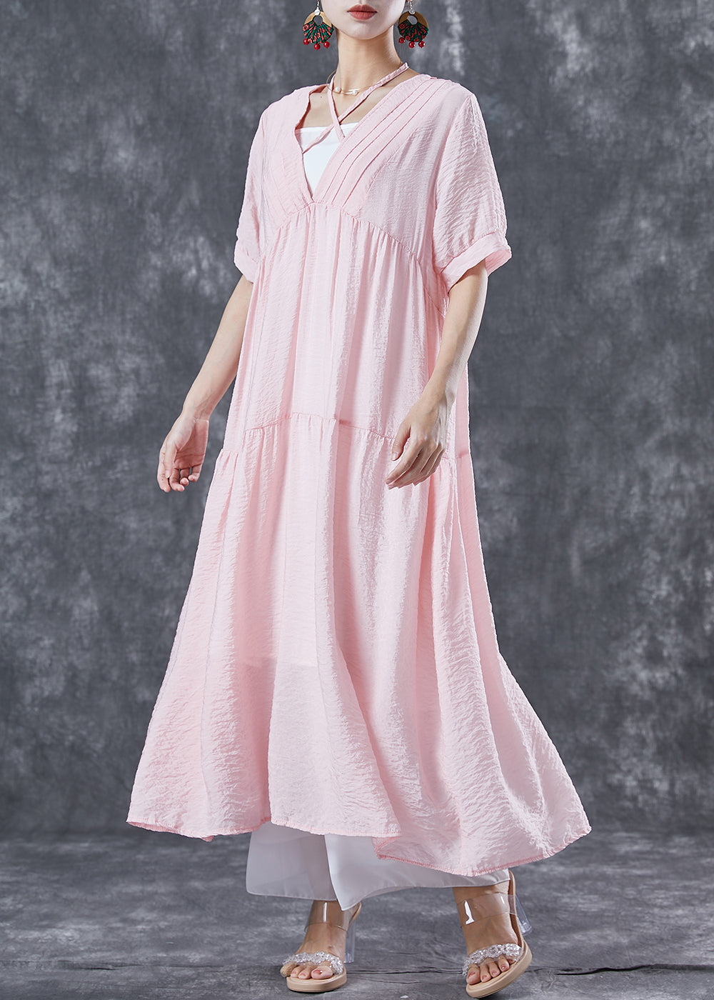 French Pink V Neck Patchwork Exra Large Hem Cotton Holiday Dress Summer LY5661 - fabuloryshop