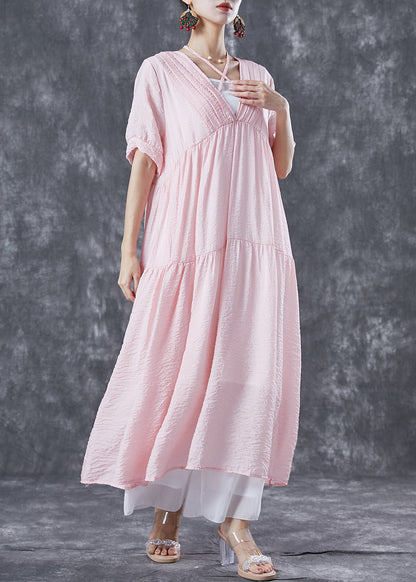 French Pink V Neck Patchwork Exra Large Hem Cotton Holiday Dress Summer LY5661 - fabuloryshop