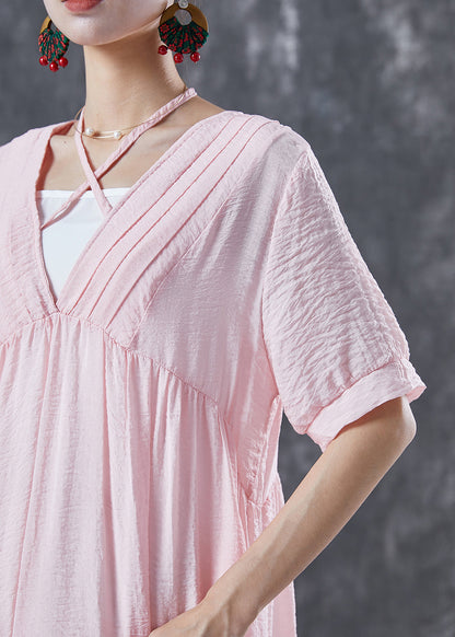 French Pink V Neck Patchwork Exra Large Hem Cotton Holiday Dress Summer LY5661 - fabuloryshop