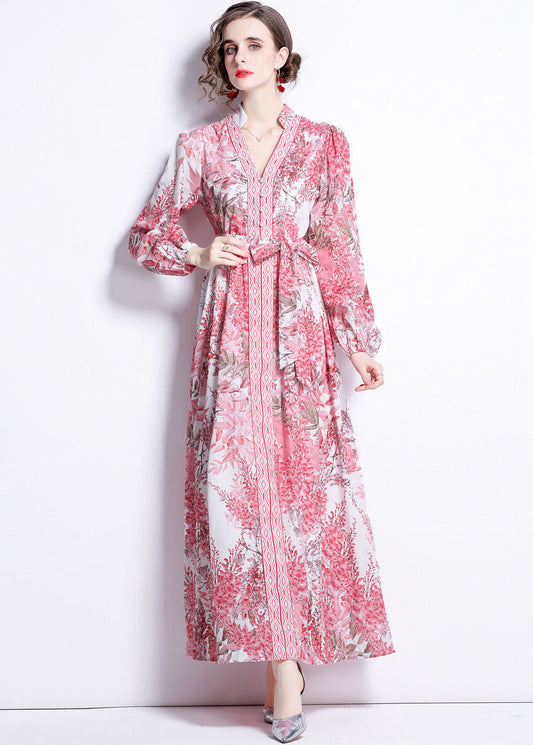 French Pink V Neck Tie Waist Print Patchwork Cotton Long Dresses Lantern Sleeve LY7430 - fabuloryshop