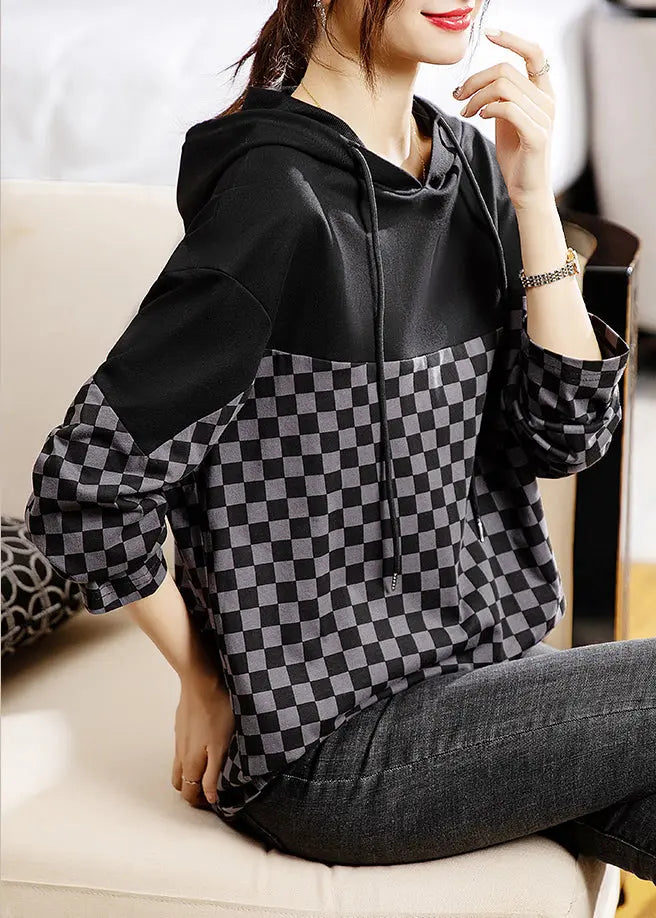 French Plaid Hooded Patchwork Cotton Top Long Sleeve Ada Fashion