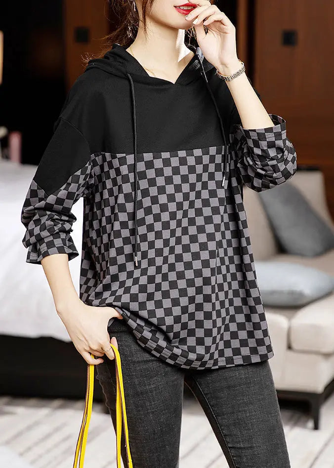 French Plaid Hooded Patchwork Cotton Top Long Sleeve Ada Fashion