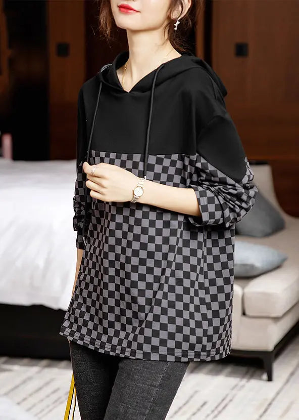 French Plaid Hooded Patchwork Cotton Top Long Sleeve Ada Fashion